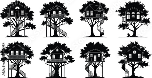 Eight Detailed Silhouettes of Fantasy Tree Houses Vector Illustration, Featuring Cozy Wooden Cabins, Various Staircases, Lush Trees, and Charming Architectural Elements, Perfect for Children's Books 