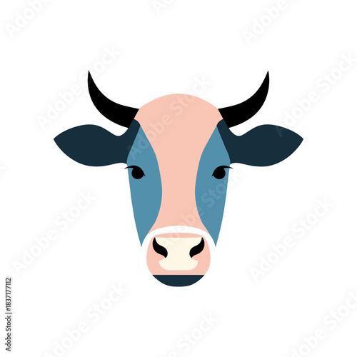 Stylized Cow Head Illustration with Blue and Pink Accents.