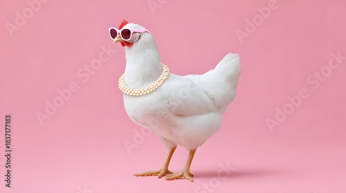 A whimsical white chicken accessorized with fashionable pink sunglasses and a pearl necklace poses confidently on a plain pink studio background exuding a quirky and chic personality