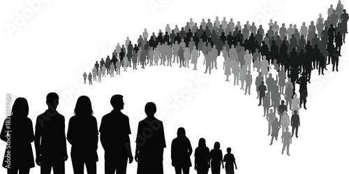 Crowd silhouette in curved formation, social movement vector art, unity and migration concept, collective action and population flow