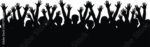 Crowd silhouette with raised hands, celebration and unity vector, black figures expressing joy, participation, and collective energy
