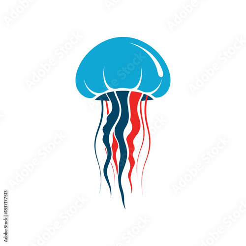 Vibrant jellyfish illustration with blue cap and flowing tentacles in the ocean.