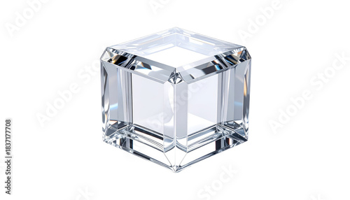Transparent, multifaceted crystal cube isolated on black. Glimmering, refractive light creates a sparkling, glassy effect
