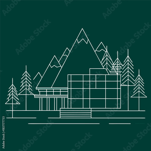 Minimal line-art illustration of a modern house in front of mountains, clean white outlines on a dark background