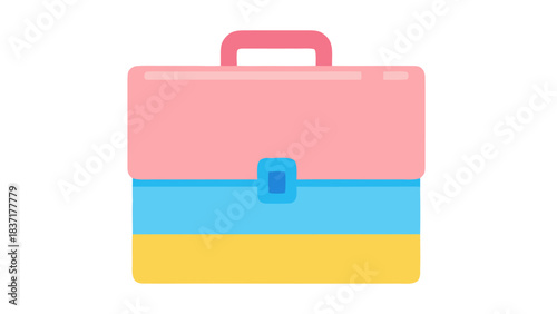 Stylized Flat Illustration of a Pink Blue and Yellow Briefcase with a Handle and Clasp on a Black Background