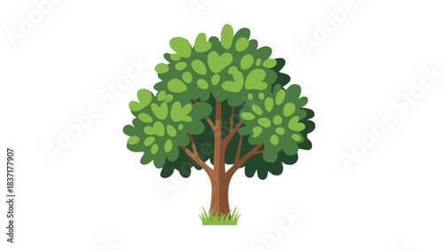 Stylized Green Leafy Tree with Brown Trunk and Sparse Grass Detail Isolated on Black Background Vibrant Colors Nature Element Simple Graphic Illustration