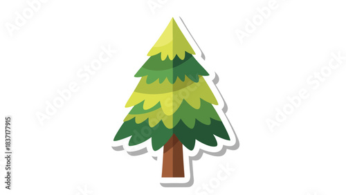 Stylized Green Pine Tree With Brown Trunk And Yellow Green Foliage Isolated On Black Background