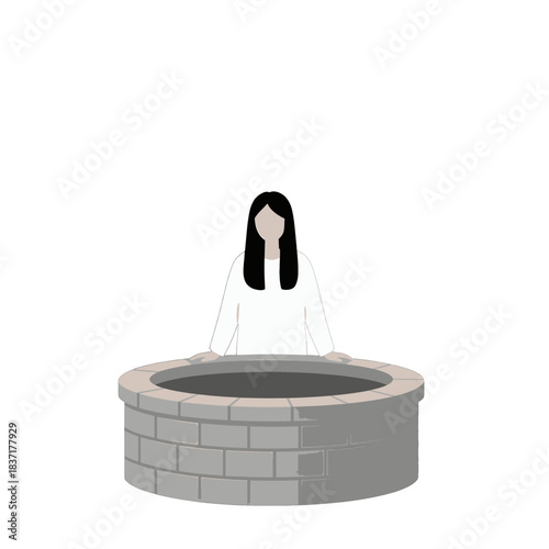 Woman Sitting on Well Illustration