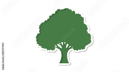 Stylized Green Tree With A Thick Trunk And A Broad Crown With Fluffy Edges Against A Solid Black Background With A White Outline And Subtle Shadow Effect