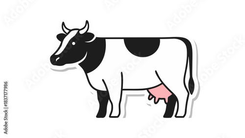 Stylized Holstein Friesian Cow with Black and White Patches Standing on Black Background Simple Cartoon Illustration