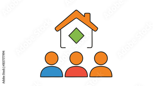 Stylized Icon Representing Community or Family Living Together Under a Shelter or Home Structure with Three Abstract Figures Below on a Black Background
