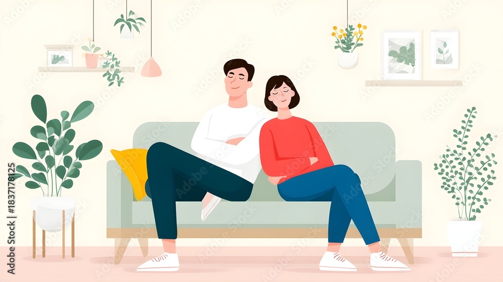 Fototapeta premium Relaxed couple sitting in thoughtful silence back to back on a comfortable sofa in a cozy modern living room with houseplants and decorative shelves