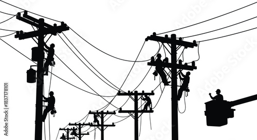 Electric Utility Workers, Linemen, and Technician Silhouettes Working on Power Lines, Telephone Poles, and High Voltage Equipment Vector Illustration; Maintenance and Repair.