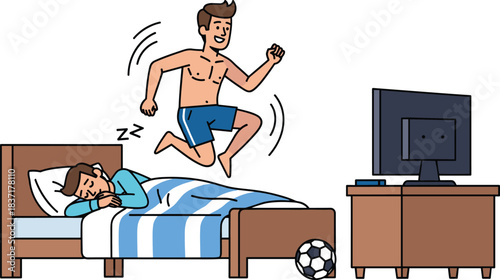 Funny cartoon bedroom scene with energetic man jumping on bed while friend sleeps, playful morning moment, humorous lifestyle, indoor activity, dynamic character illustration