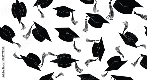 Graduation caps flying in celebration, academic success vector pattern, black mortarboards with tassels, seamless background for education-themed design