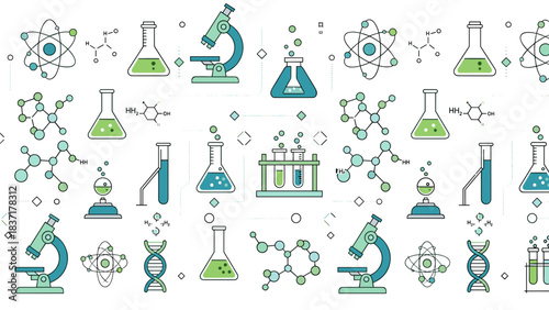 Seamless pattern of chemistry and science icons microscopes, test tubes, flasks, molecules, and atoms