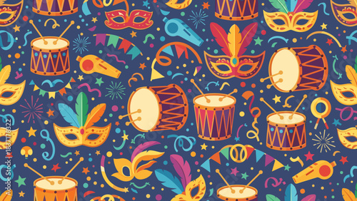 Vibrant seamless pattern of carnival and mardi gras elements drums, masks, feathers, and confetti on dark blue background