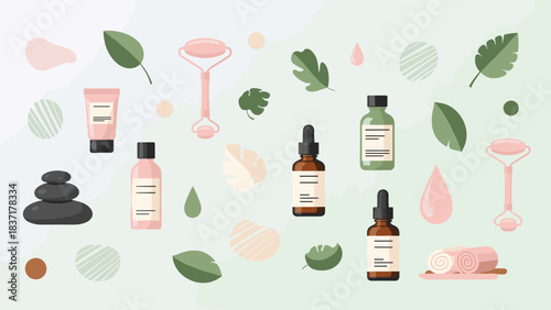 Skincare and beauty tools collection jade rollers, serums, stones, and leaves