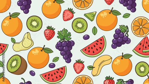 Seamless pattern of various colorful fruits oranges, kiwi, grapes, watermelon, strawberry, and banana on a light background