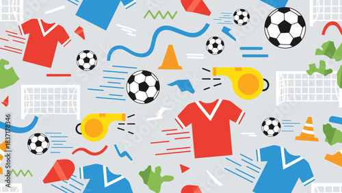 Seamless pattern of soccer and football equipment icons and symbols