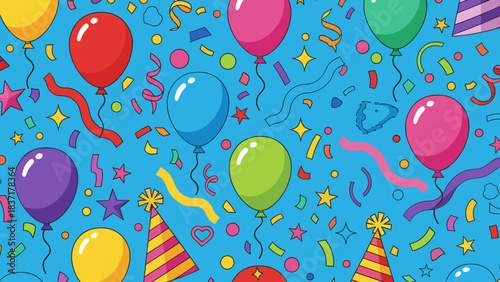 Seamless pattern of colorful balloons, confetti, streamers, and party hats on a bright blue background