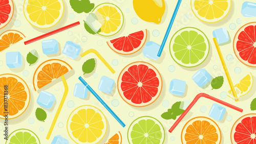 Colorful citrus slices, ice cubes, and drinking straws pattern background