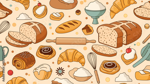 Seamless pattern of various baked goods, bread, croissants, pastries, and baking tools on a light beige background, cartoon style