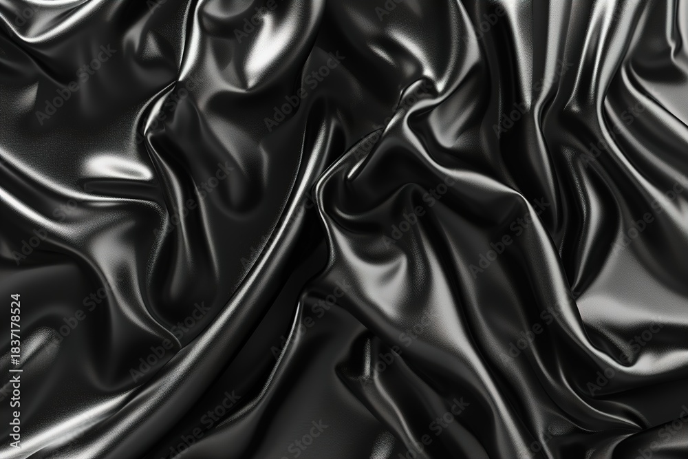 Fototapeta premium Black Satin Fabric with Smooth Shiny Surface and Elegant Wrinkles