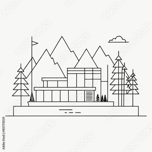Minimal line-art illustration of a modern house in front of mountains, clean white outlines on a dark background