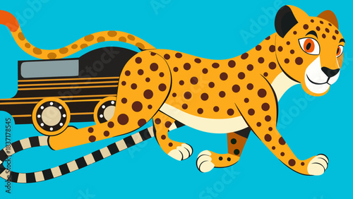 An energetic cheetah races in the foreground as a vintage steam train follows, illustrating raw speed and the classic elegance of an iconic race in.