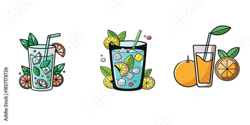 Refreshing summer drinks with citrus and mint illustrations
