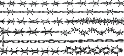 Horizontal rows of varied barbed wire designs in black silhouette, ideal for security, fencing, or industrial-themed vector illustration