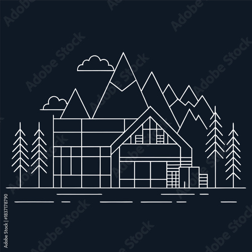Minimal line-art illustration of a modern house in front of mountains, clean white outlines on a dark background