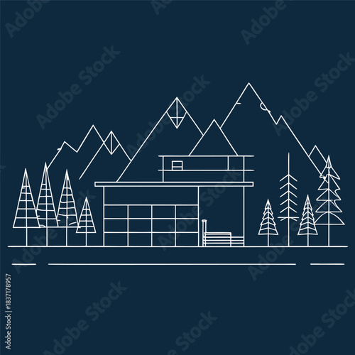 Minimal line-art illustration of a modern house in front of mountains, clean white outlines on a dark background