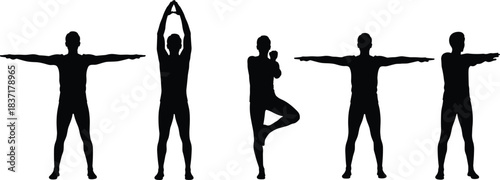 Exercise Poses Silhouette Set, Yoga and Fitness Training, Stretching Workout Collection, Wellness Lifestyle Graphics, Black Vector Illustration, Isolated on White