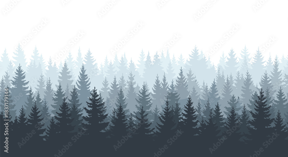 Obraz premium Layered coniferous forest in misty blue tones with depth and gradient shading, ideal for nature or landscape-themed vector illustration