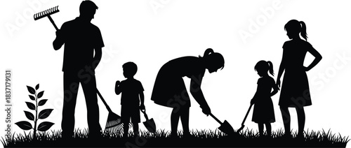 Family gardening together silhouette illustration, parents and children working in the yard with rake and shovel, spring outdoor planting activity vector, black and white.