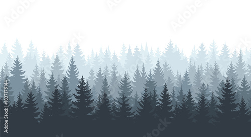Layered coniferous forest in misty blue tones with depth and gradient shading, ideal for nature or landscape-themed vector illustration