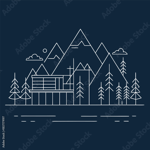Minimal line-art illustration of a modern house in front of mountains, clean white outlines on a dark background