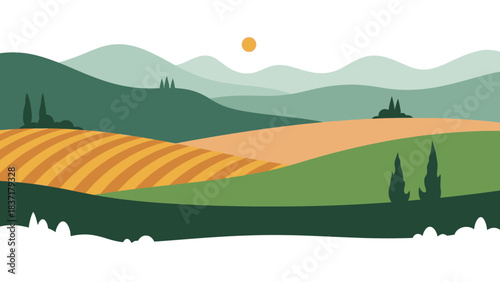 Rolling Landscape in Tranquil Hues: A serene landscape, showcasing rolling hills and verdant fields under a warm sun, evokes a sense of tranquility and the beauty of the countryside.