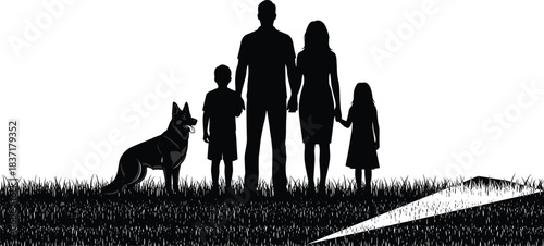 Family of Four and Dog Standing in Grass Silhouette Vector, Parents Holding Hands with Son and Daughter, German Shepherd Pet on Hilltop Watching Horizon, Concept of Home, Security, and Protection