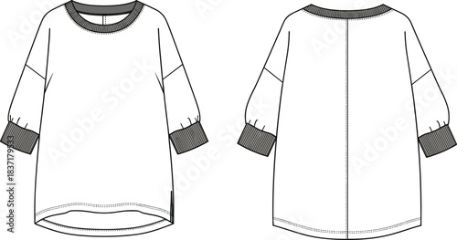Oversized Women's Tunic Dress CAD Drawing: Flat Vector Illustration Template with Contrast Rib Trims, Drop Shoulder, and High-Low Hemline