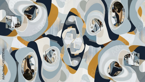 Abstract fluid pattern with organic shapes in blue, white, cream, and gold, featuring mirrored elements and a modern aesthetic.