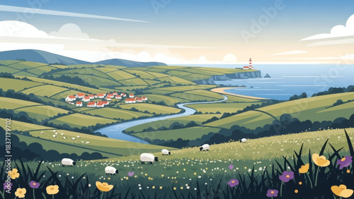 A picturesque cartoon landscape featuring rolling green hills, a winding river, a charming village, grazing sheep, and a distant lighthouse on the coast.