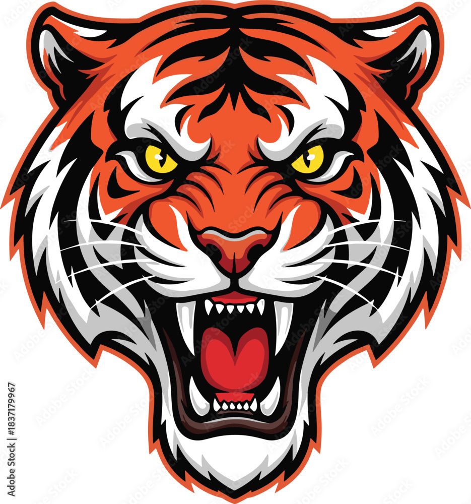 Obraz premium Roaring tiger head vector illustration, fierce wild animal mascot design, aggressive jungle predator artwork, bold symmetrical style, powerful wildlife symbol for branding, tattoo, logo