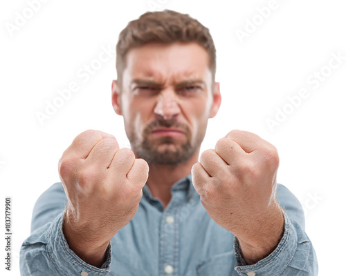 Person Clenching Fists Lightly with Jaw Tension on Transparent Background