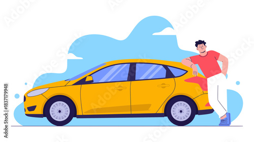 Man happily posing with his new yellow car, representing car ownership, personal transport, and automotive lifestyle on a clean background.