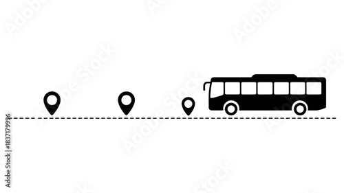 Bus journey with multiple stops marked by location pins on a dotted line, representing travel and transportation planning. 