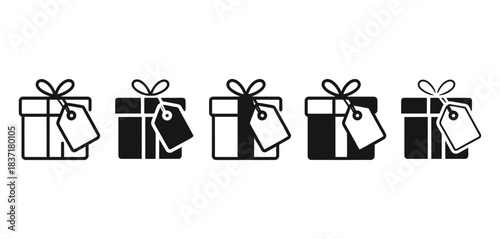 A selection of five gift box icons, including outline and solid fill styles, each with a price tag attached, representing commerce and celebration.