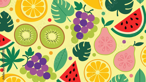 Vibrant tropical fruit pattern with watermelon, kiwi, grapes, and citrus slices on yellow background